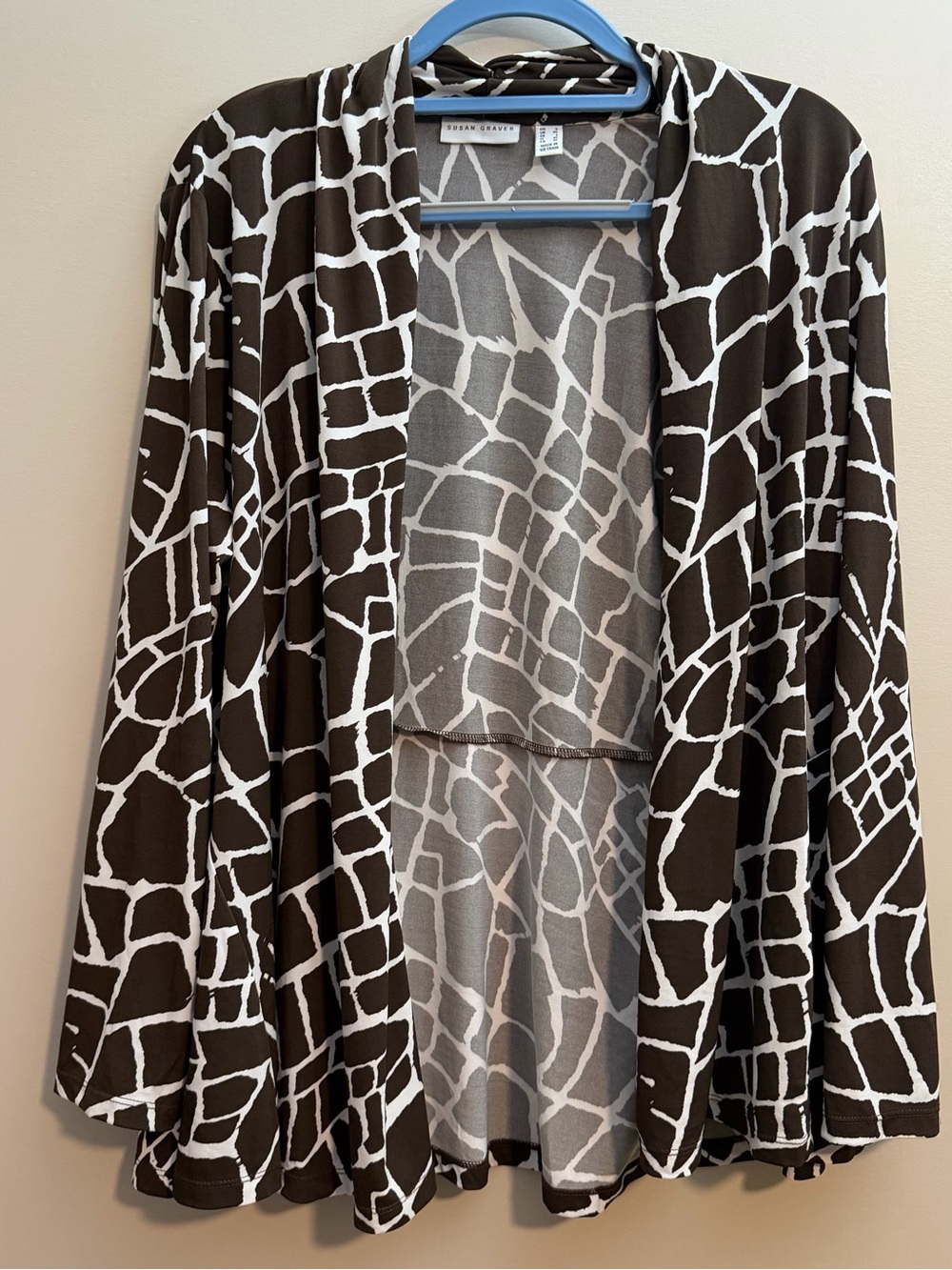 Susan Graver Brown and White Open-Front Giraffe Print Cardigan